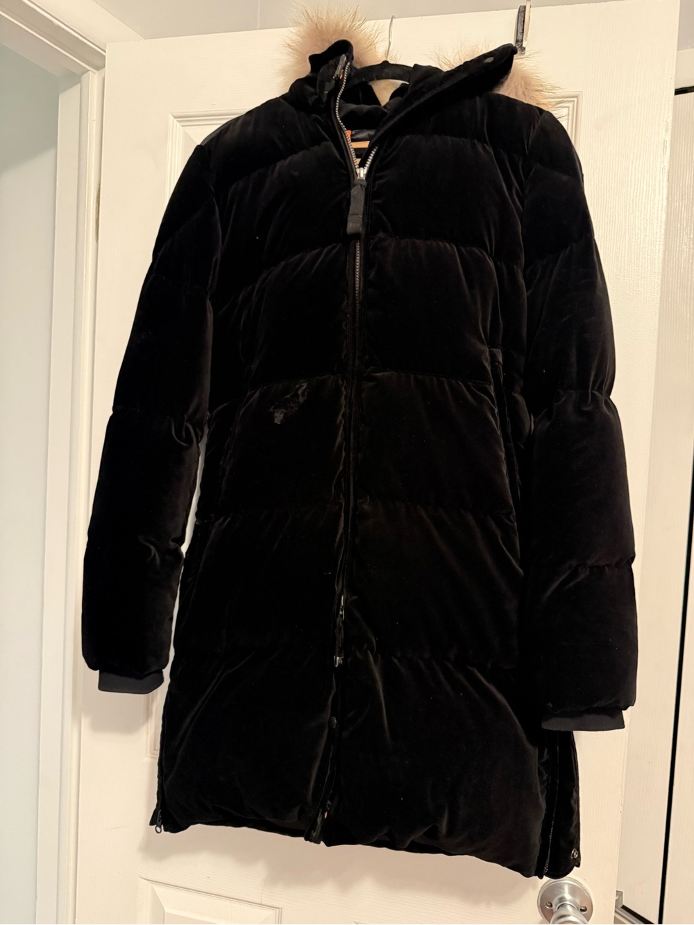 Parajumpers Black Velvet Hooded Puffer Coat with Fur Trim